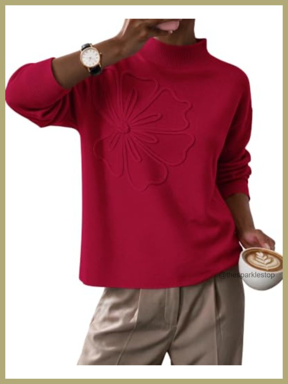 Women's Floral Knit Mock Neck Pullover Sweater Cozy Fall Winter Top